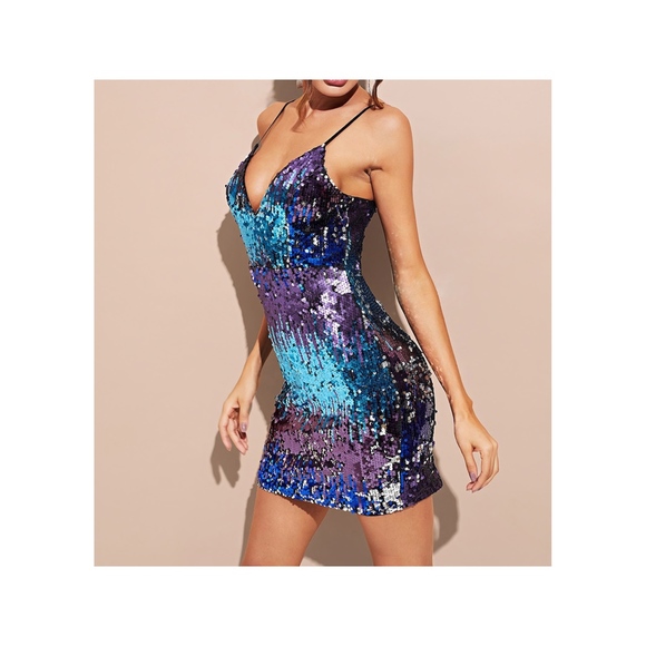 Multicolor Blue Bodycon Sequin Cocktail Dress - Picture 2 of 7